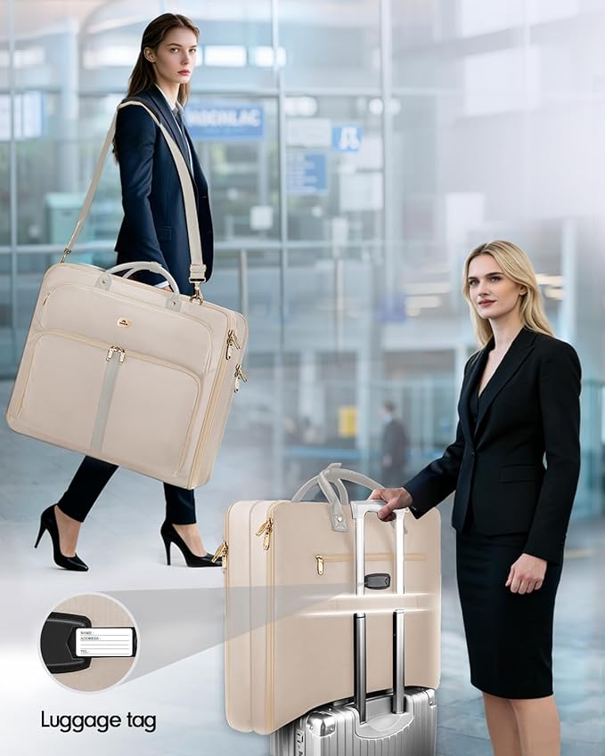 MATEIN Garment Bags for Travel for Women, Large Garment Bags for Hanging Clothes Up to 7 Suits, Business Convertible Travel Suit Carrier with Strap, Foldable Suitcase Luggage Fit 17.3" laptop, Beige
