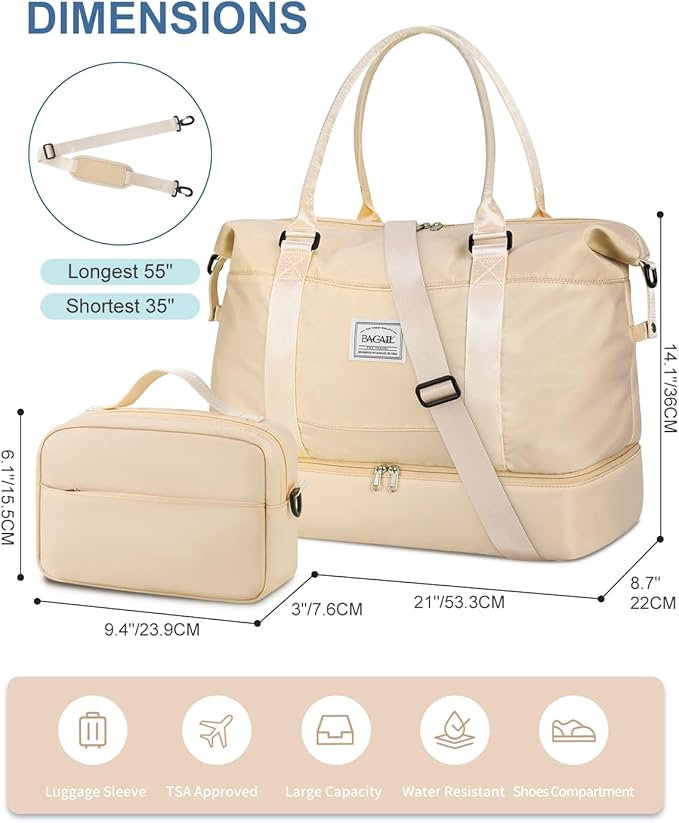 BAGAIL Travel Duffel Bag, Weekender Bags for Women, Overnight Gym Carry On Tote Bag with Wet Pocket, Hospital Mom Bag for Labor and Delivery - Extra Large Set, Beige