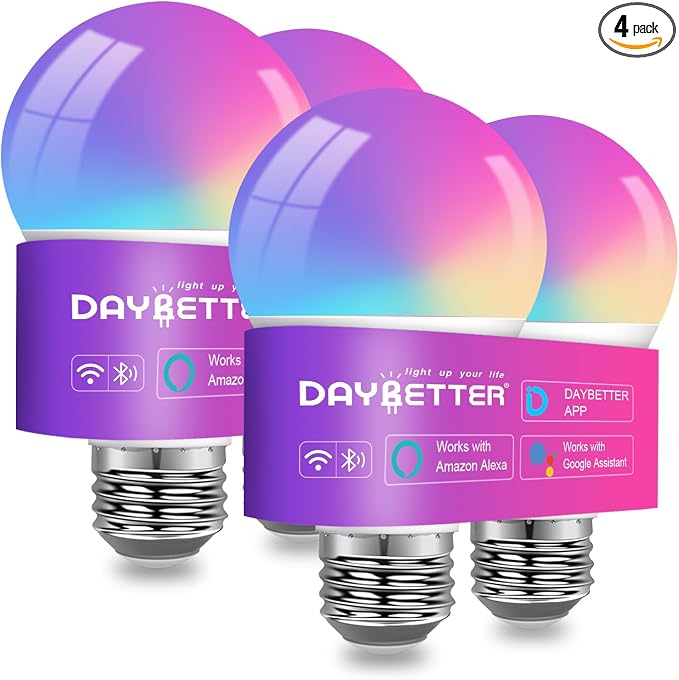 DAYBETTER Smart Light Bulbs,Compatible with Alexa & Google Home | 4Pack A19 E26 Bulbs, 800LM 60W Equivalent,Dimmable RGB+CCT Color Changing,2.4GHz WiFi & Bluetooth,Music Sync,Preset Scenes