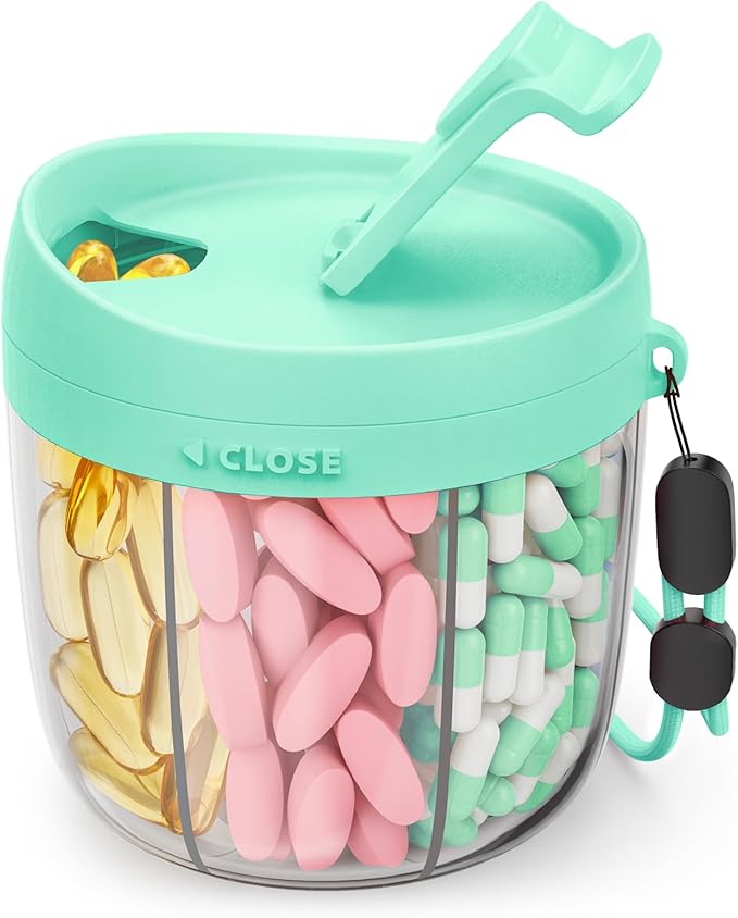 Cute Pill Dispenser with 7 Large Compartments, Portable Pill Bottle Organizer with Wide Opening for Easy Use, Anti-Mix Pill Organizer for Travel, BPA-Free Pill Container, Green