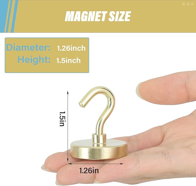 Neosmuk Magnetic Hooks Heavy Duty,Strong Magnet with Hook for Fridge, Super Neodymium Extra Strength Industrial Hooks for Hanging, Magnetic Hanger for Toolbox, Cruise, Grill(Gold,6 Pack)