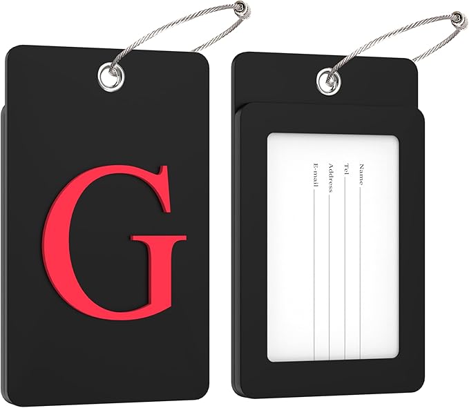 Gostwo 2 Pack Luggage Tags for Suitcases, 26 Initial Letter Travel Luggage Baggage Identification Labels ID Tag Fully Bendable Tags with Stainless Steel Loop (Black) (Letter G)