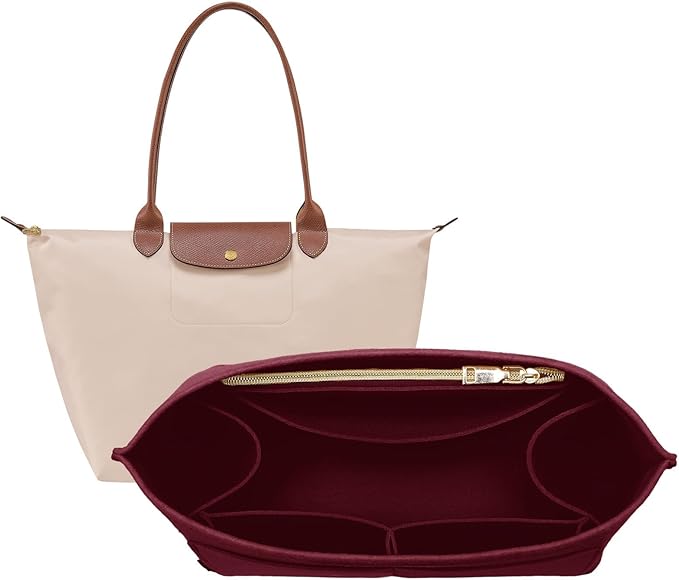OPPOSHE Purse Organizer Insert for Longchamp Le Pliage, Premium Felt Long Champ Bag Handbag Women, Tote Organizer Insert with 9 Compartments (Large, Dark Red)