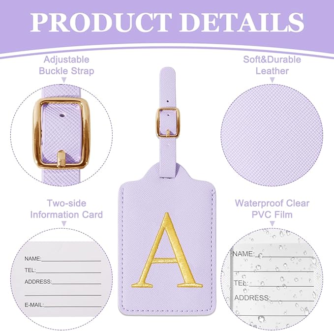 Personalized Initial Luggage Tags for Suitcases,Leather Letter Cute Luggage Tags with Privacy Name Card,Embroidered Monogrammed Travel Bag Backpack Tag Gifts for Women Kids Girls Teens(Purple-A)