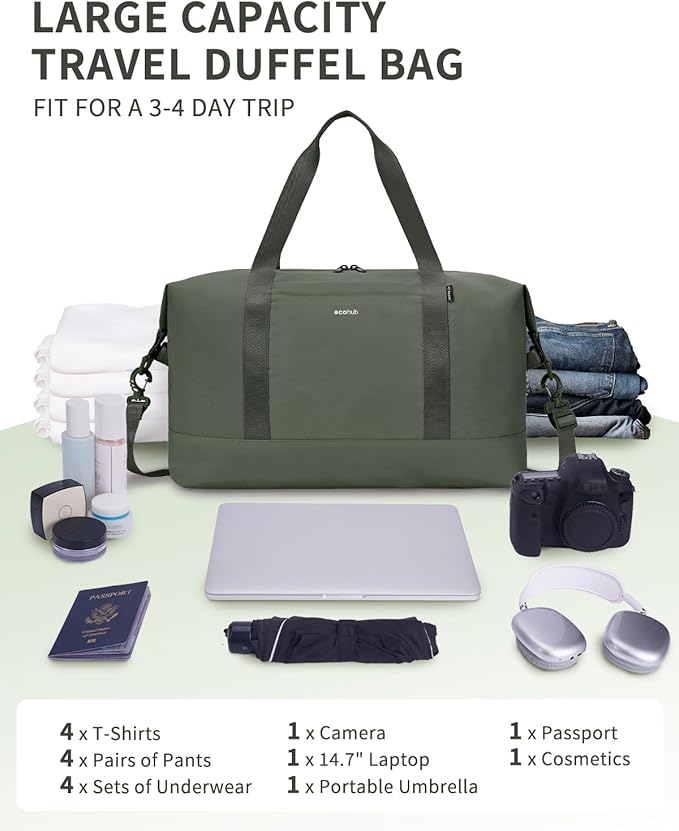 ECOHUB Travel Duffel Bag Water Resistant Weekender Bag Carry On Bags for Women Sport Gym Bags for Men Hospital Bag for Labor and Delivery Overnight Bag Luggage Bag with Trolley Sleeve 30L Army Green
