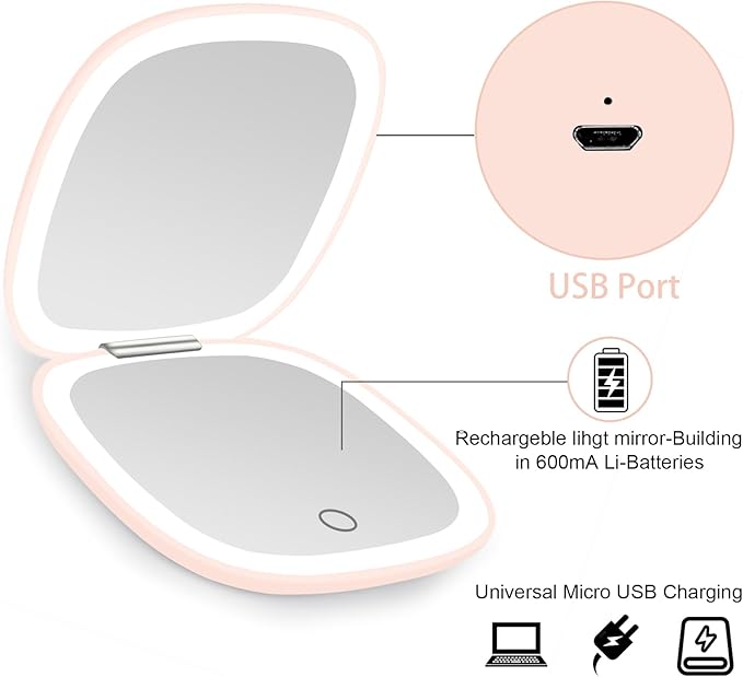 deweisn Compact Mirror, Lighted Travel Makeup Mirror with 1X/10X Magnifying Double Sided Dimmable Portable Pocket Mirror for Handbag and Pocket, USB Charging(Pink)