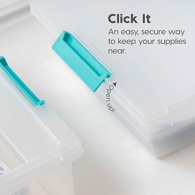 IRIS USA 6 Qt. Craft Storage Bins with Lids, 4-Pack, |Made in USA|, Clip Box, Small Plastic Sensory Bin Tote Organizer Containers for Art Supplies, Paper, & Office, Stackable - Clear/Seafoam Blue
