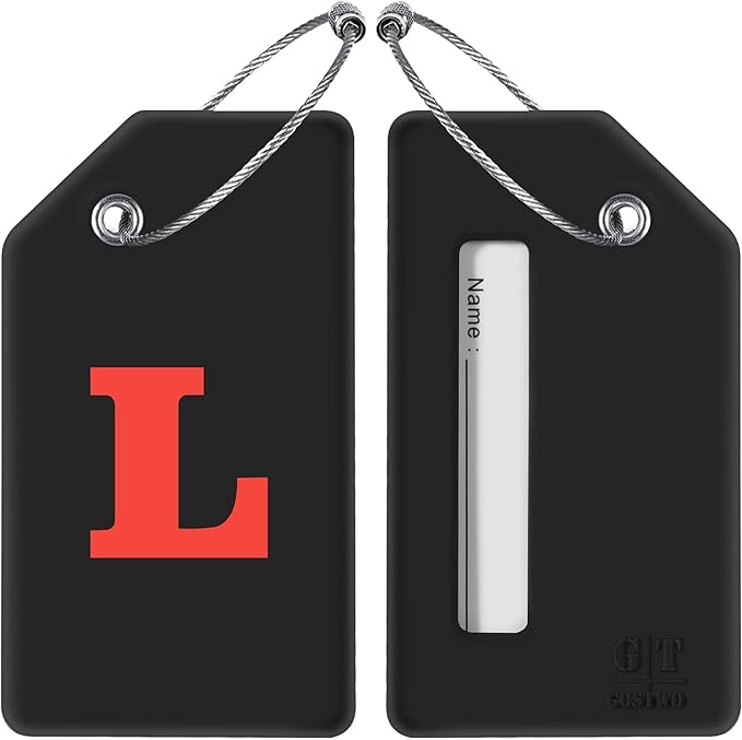 Gostwo 2 Pack Silicone Luggage Tags for Suitcases, 26 Initial Letter Baggage Labels Handbag School Bag Suitcase Instrument Tag with Stainless Steel Loop(Black & White) (Letter L)