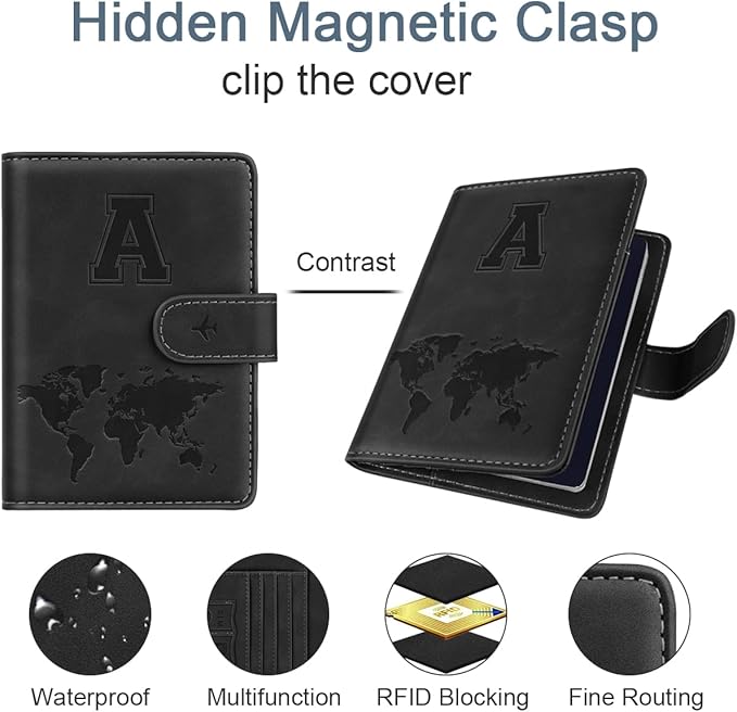 Initial A Passport Holder Cover Personalized Letter A-Z Travel Wallet RFID Blocking Passport Cover Credit Card Holder Case Passport Book Holders for Women and Men, Black-A
