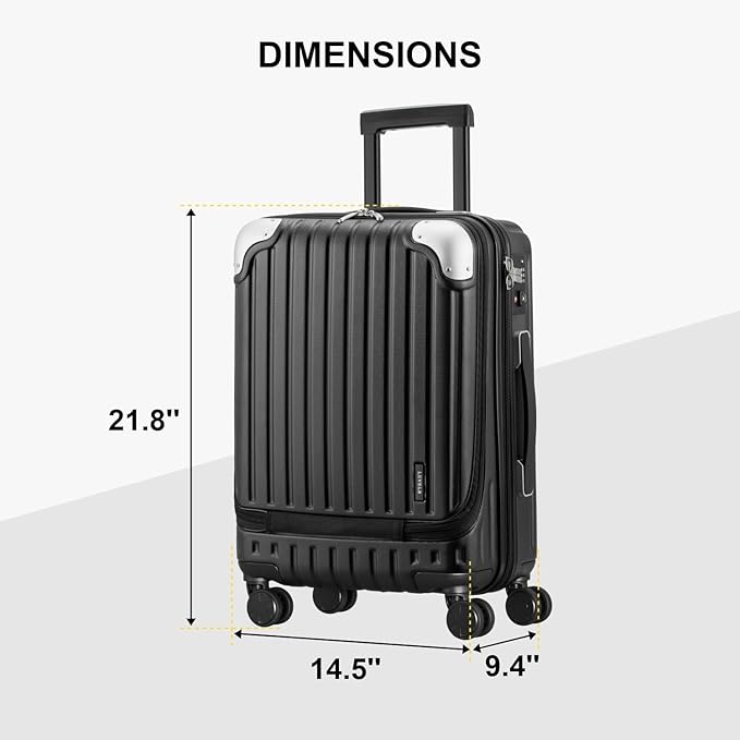 LEVEL8 Lightweight Carry-on Suitcase 20-Inch,Expandable 4 Wheel Hand Luggage, ABS+Poly-Carbonate Hardshell Spinner Trolley for Luggage with Double TSA-Approved Locks, Black, 37*24*55.5CM, Casual and