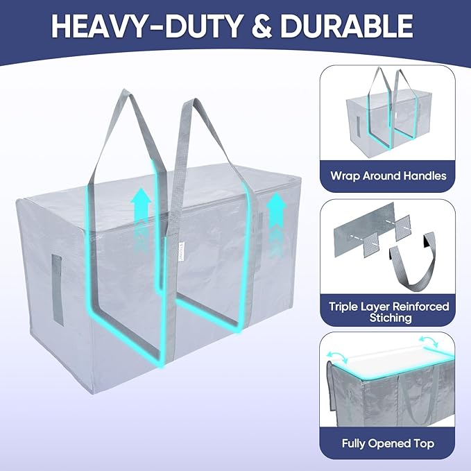 TICONN 2 Pack Extra Large Moving Bags Heavy Duty with Zippers & Carrying Handles, Durable Storage Bags Moving Boxes for Closet Organizers and Storage (2 Pack, Light Grey)