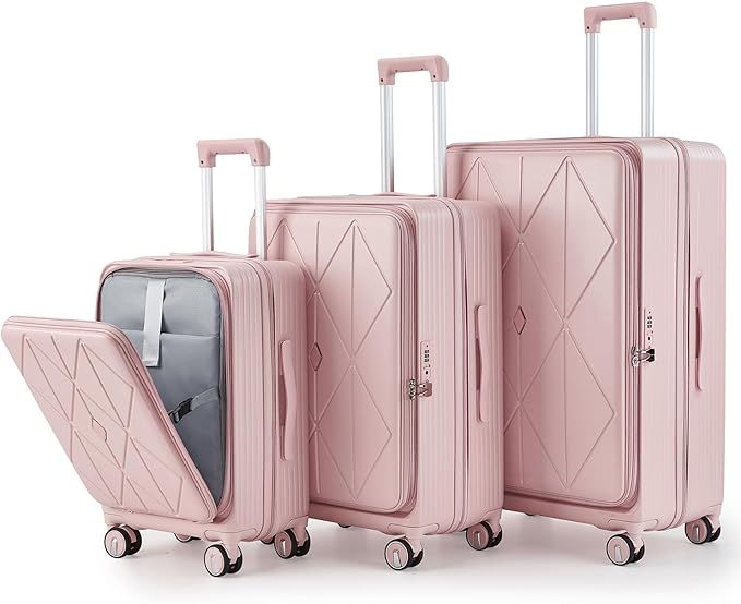 3 Piece Luggage Set 100% PC Hardshell, Front Opening Expandable Suitcase (20/24/28) with Laptop Compartment & Free Custom PVC Covers, Trunk Style Lightweight Spinner Wheels TSA Lock (Pink)