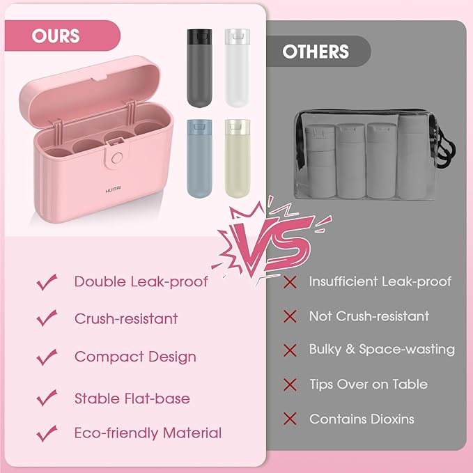 Travel Bottles with Case, 4x2oz TSA Approved, Leak-Proof, Press to Unlock, Compact & Portable Travel Toiletries (Pink)