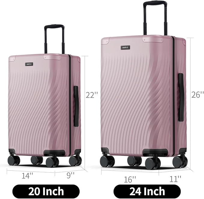 ECOHUB Hardside Expandable Carry On Luggage Sets, Recycled PC 20/24" Rolling Luggage Airline Approved with Spinner Wheels & TSA Lock, Lightweight Hardshell Travel Suitcase, 20+24 inch Carry-on Pink