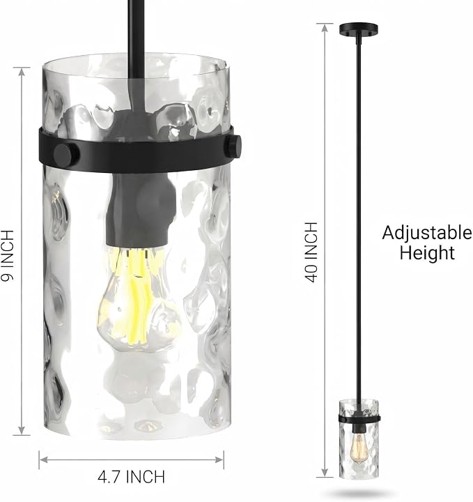 Modern Clear Wavy Glass Pendant Light 1 Pack - Thick Glass Adjustable E26 Hanging Lamp with Elegant Warm Glow for Kitchen Island, Dining Room & Hallway