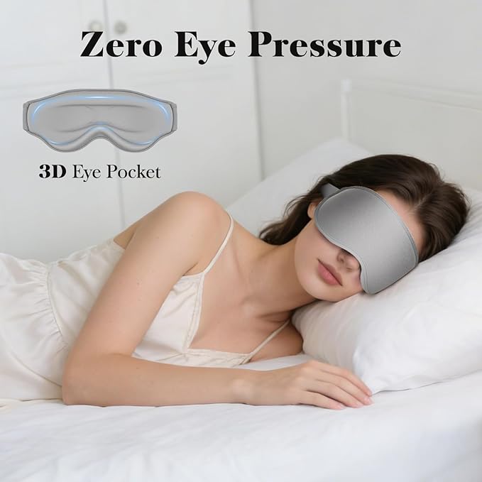 3D Eye Mask Sleep Mask for Men & Women, 100% Pressure-Free & Light Block-Out Eye Mask for Sleep with Easy Adjustable Strap, Night Eye Cover for Travel, Grey