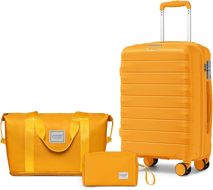 LARVENDER Luggage Sets 3 Piece, Hardside PP Carry On Suitcase with 360° Spinner Wheels TSA Lock Luggage Sets for Women, Yellow