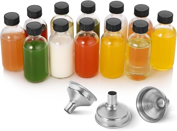 AOZITA 12 Pack, 2 oz Small Clear Glass Bottles w/Lid & 3 Funnels - 60ml Boston Shot Bottles for Health, Immunity, Potion, Wellness, Sample, Ginger, Juice - Mini Personal Care & Beauty Travel Bottle