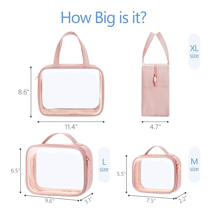 PACKISM Clear Makeup Bag Combo Pack, 1 TSA Approved Medium & Large/XL for Checked Luggage, Clear Toiletry Bag with Handle, Water-resistant Travel Essentials Organizer, Rose Pink