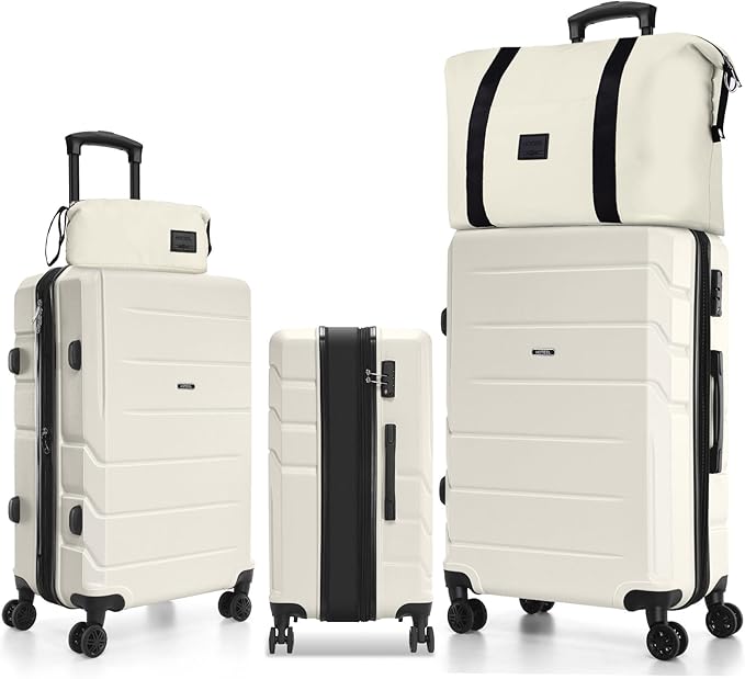 Hoteel Luggage Sets 5 Piece, 4-Yr Warranty, PC+ABS Hard Shell Expandable Suitcases with Wheels, TSA Aproved Lock and Carry on Bags, Travel Suit Case Set for Men and Women (5-Piece, Beige)