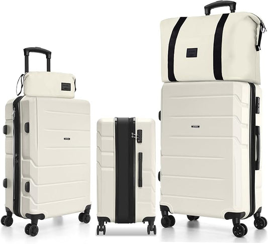Hoteel Luggage Sets 5 Piece, 4-Yr Warranty, PC+ABS Hard Shell Expandable Suitcases with Wheels, TSA Aproved Lock and Carry on Bags, Travel Suit Case Set for Men and Women (5-Piece, Beige)