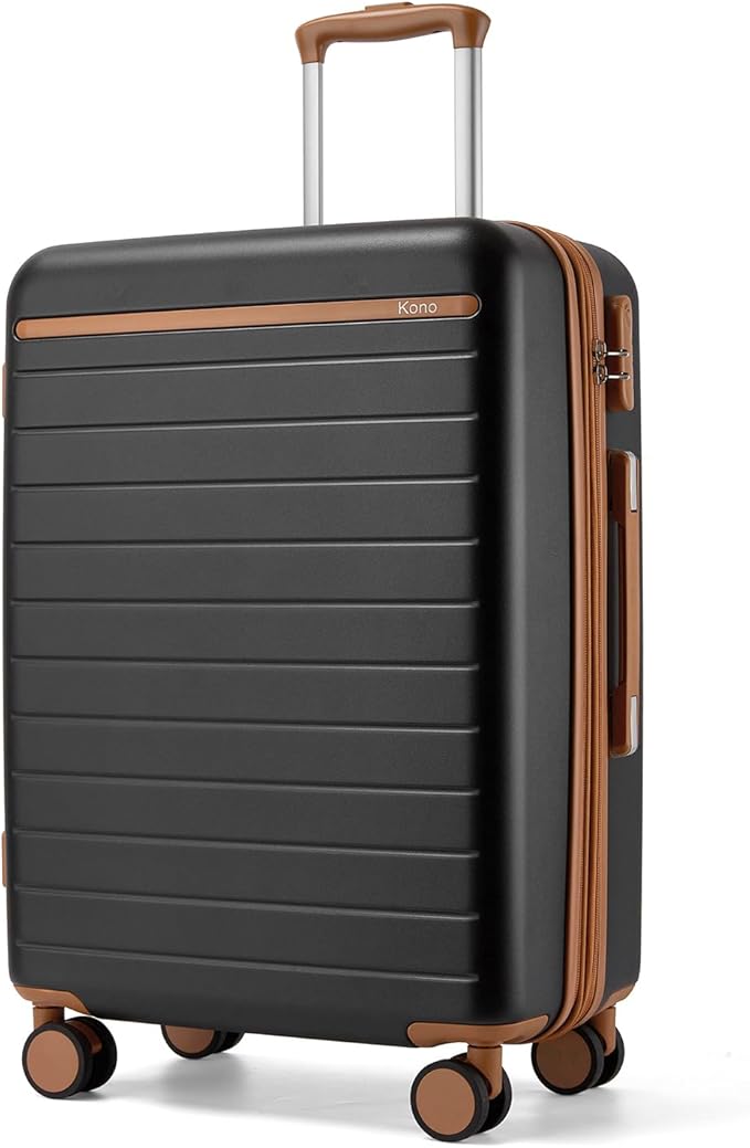 Kono 24 Inch Check In Suitcase Expandable Luggage, Business Travel Suitcase for 5-7 Days, Durable ABS+PC Hardshell with Side Handles & Kick Plates, Double Spinner Silent Wheels, Black/Brown