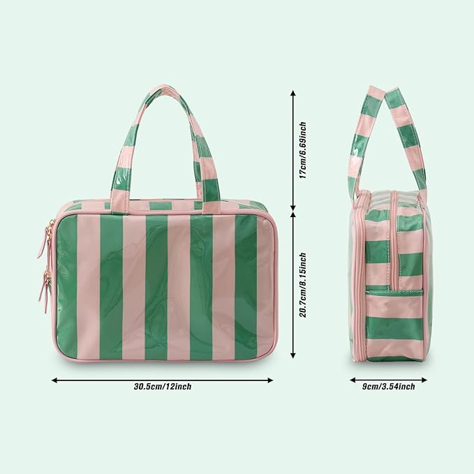 Travel Toiletry Bag for Women, Waterproof Clear Coated Portable Stripe Makeup Cosmetic Bag with Compartment, Travel Organizer for Shampoo, Conditioner, Brushes Set,Cosmetic Accessories(Pink-Green)