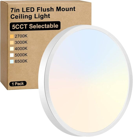 7 Inch LED Flush Mount Ceiling Light Fixture, Dimmable, 1200LM | 12W 5CCT 2700K/3000K/4000K/5000K/6500K, 0.67" Ultra Thin Low Profile Ceiling Lamp for Kitchen, Laundry, Closet Room, White