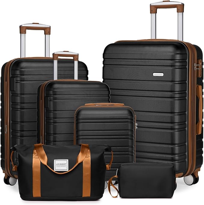 LARVENDER Luggage Sets 6 Piece, Expandable Hardside Carry on Suitcase Set with Spinner Wheels, Lightweight Rolling Luggage Sets for Women with TSA Lock, Black