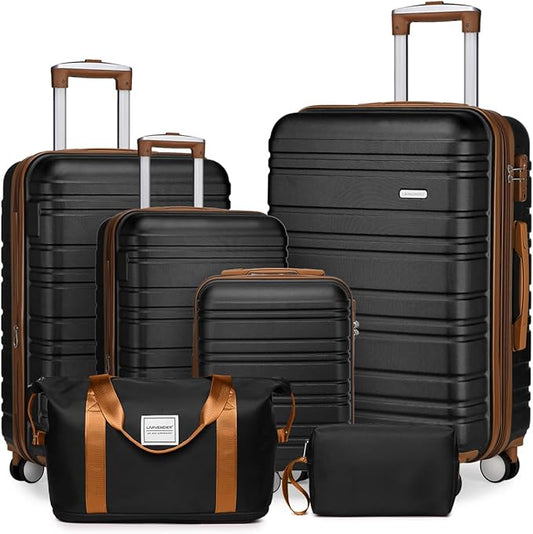 LARVENDER Luggage Sets 6 Piece, Expandable Hardside Carry on Suitcase Set with Spinner Wheels, Lightweight Rolling Luggage Sets for Women with TSA Lock, Black
