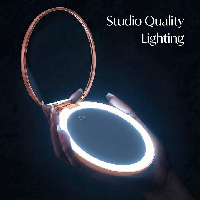 Fancii Taylor LED Lighted Travel Makeup Mirror, Rechargeable with 10x/1x Magnifying & 3 Light Settings - Compact, Portable, Large 5” Wide Hand Mirror for Handbag and Purses (Rose Gold)