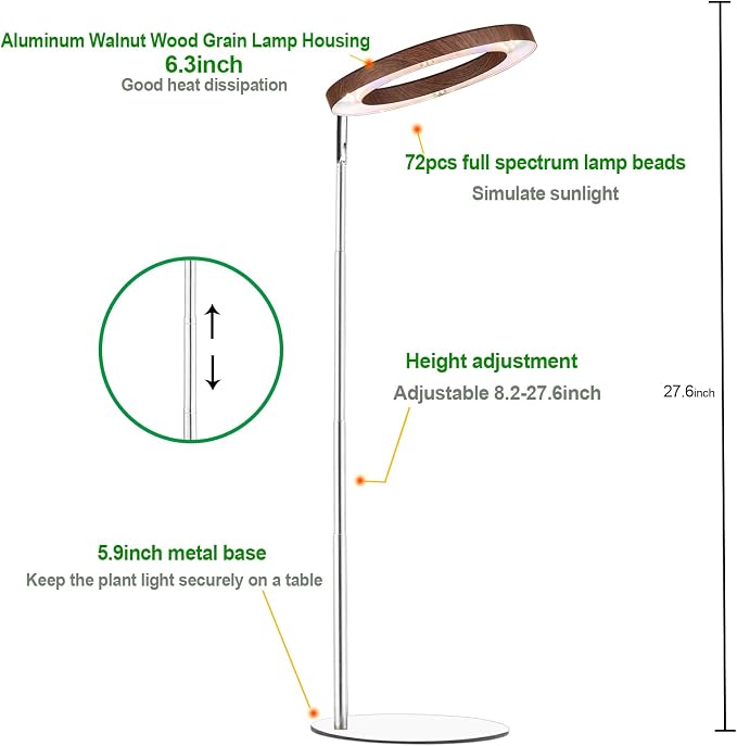 72 LEDs Plant Grow Light for Indoor Plant,Walnut Wood Grain Aluminum LED Grow Light with White Base, Height Adjustable,6.3" Aluminum Housing,Automatic Timer with 8/12/16 Hours,1 Pack