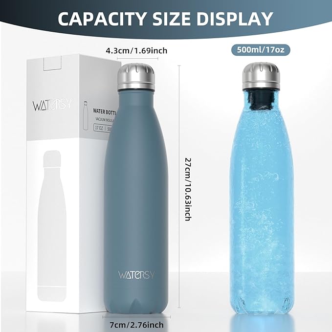 WATERSY Stainless Steel water bottles,17oz/500ml Insulated Water Bottles,Smog Blue metal water bottle Keeps Drink Cold and Hot,BPA Free kids water bottles for School,Gym,Travel,Sports