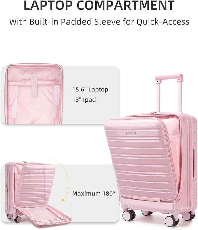 LARVENDER Carry On Luggage 22x14x9 Airline Approved, 20 Inch Expandable PC+ABS Hardside Carry On Luggage with Front Pocket Spinner Wheels TSA Lock for Women Men (Pink)