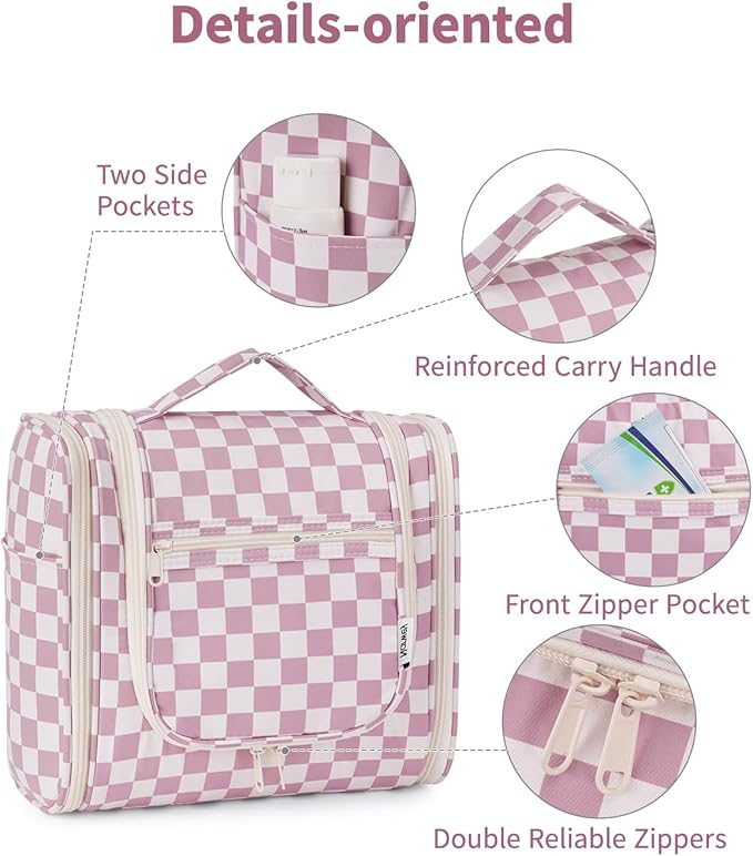 Narwey Checkered Hanging Travel Toiletry Bag for Women, Travel Bag for Toiletries, Makeup Bag Organizer Cosmetic Bags Make Up Bags for Women (Dusty Rose Checkerboard)