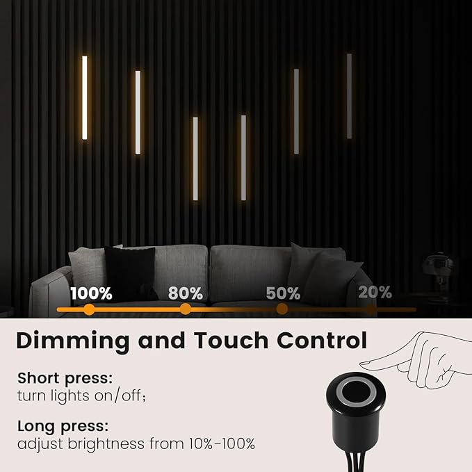 Wall Panel Lights 6pcs 3000K Warm White Adhesive Wood Slat Light | Dimmable Touch Switch LED Lights for Wall Panels & Fluted Panels, Headboard, Stairs, Under Cabinet, Wall Decor Living Room