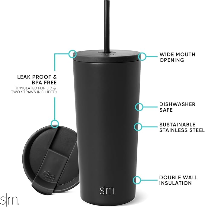 Simple Modern Classic Tumbler with Straw Lid | Insulated Iced Coffee Cup Reusable Stainless Steel Water Bottle Travel Mug | Gifts for Women Men Her Him | 20oz | Midnight Black