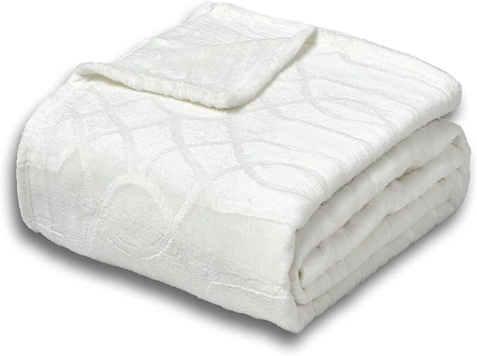 Soft Cozy Fleece Twin Blanket, 60x80 Inches – Lightweight Plush Blanket for Couch, Fuzzy 3D Jacquard Design, for Sofa, Bed & Travel - Ivory White