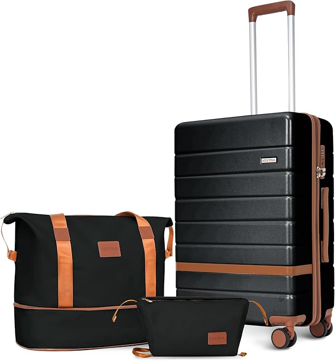 3-Piece 20 Inch Carry On Luggage Set, Lightweight PC+ABS Hardshell Suitcase with TSA Lock, 360° Spinner Wheels for Business Travel Family Vacation Airline Approved Checked Baggage, Black