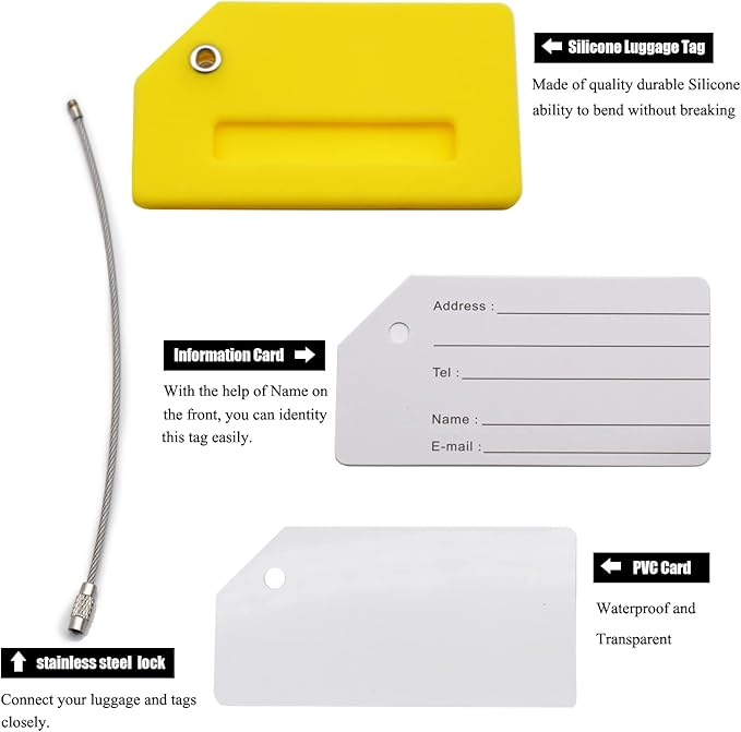 7 Pack Silicone Luggage Tag Baggage Handbag Travel Suitcase Tags with Name ID Card Perfect to Quickly Spot Luggage Suitcase (Yellow
