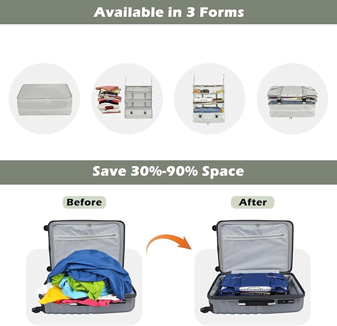 Surblue Hanging Closet Storage Bag Collapsible 3-Shelf Washable Oxford Fabric with 2 Hooks (XL 17.71 * 11.81 * 20in, Light Gray)
