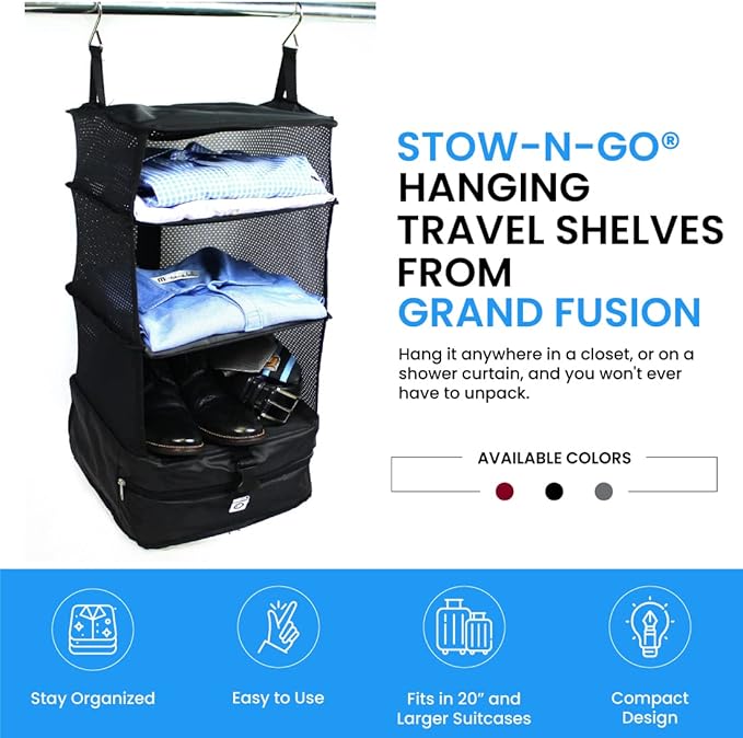 Grand Fusion Stow-N-Go Packing Organizer for Luggage, Portable Hanging Travel Shelves, Carry-On Closet, Hanging Packing Cubes, Collapsible Carry-On Organizer for Cruises & Hotels. Black - L