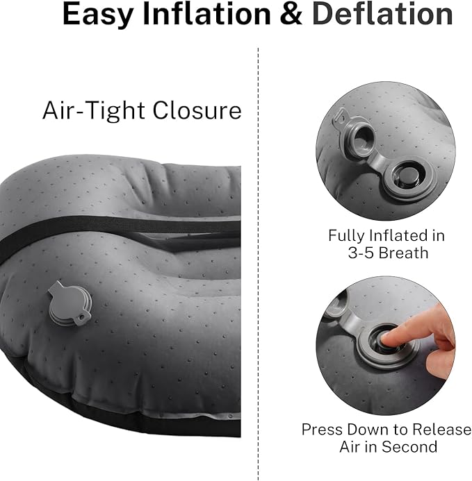Camping Pillow-Compressible, Ultralight Inflatable,Compact, Comfortable, Ergonomic Inflating Pillows for Neck & Lumbar Support While Camp, Hiking(Black,with Anti Slip Straps)