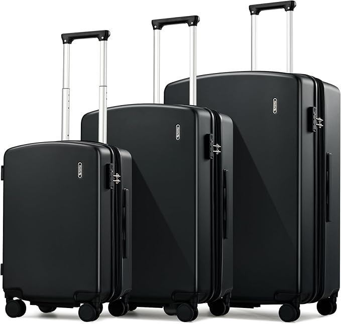 Hanke Expandable Hard Shell Luggage Sets 3 Pieces, 20/24 / 28 Inch Luggage Sets with Spinner Wheels, Durable PC Hardside Rolling Suitcase with TSA Lock for Travel (20/24/28 Inch, Jet Black)