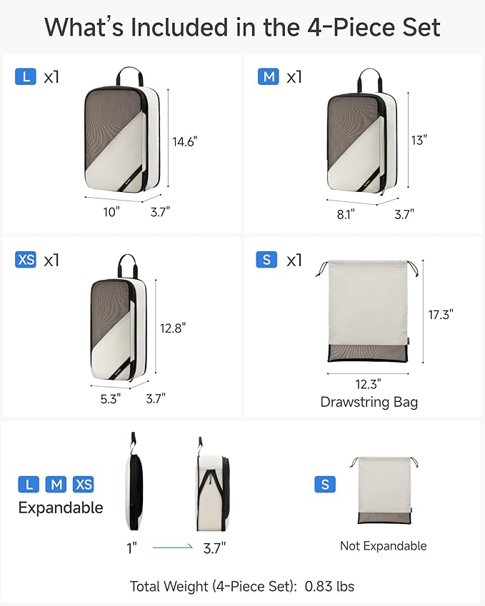 LUGGEX Packing Cubes for Travel, POX01 Luggage Organizers Bags, Suitcase Organizer with Shoe Bag, 4 Set Travel Cubes for Packing (POX-Core, Beige)