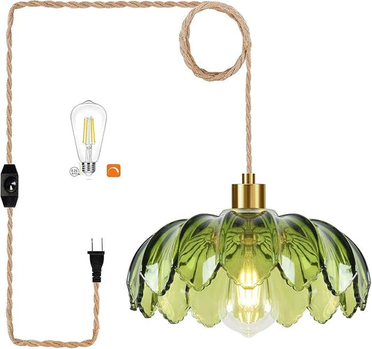 QIYIZM Plug in Pendant Light Hanging Lights with Plug in Cord Boho Hanging Lamp Glass Gold Mid Century Modern Vintage Dimmable Green Flower Plug in Chandelier Ceiling Fixture for Living Room,Kitchen