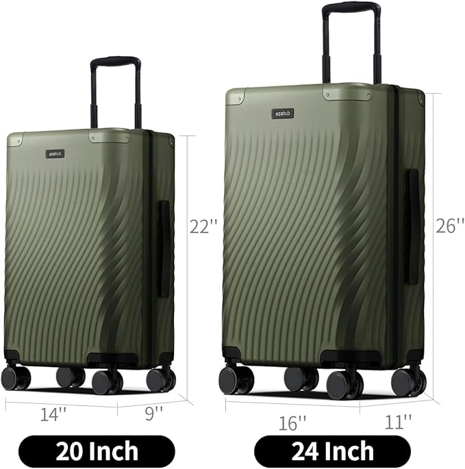 ECOHUB Hardside Expandable Carry On Luggage Sets, Recycled PC 20/24" Rolling Luggage Airline Approved with Spinner Wheels & TSA Lock, Lightweight Hardshell Travel Suitcase, 20+24 inch Carry-on Green