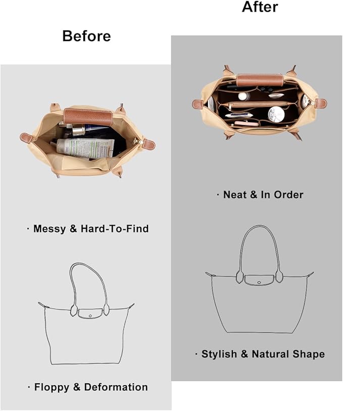 ZTUJO Purse Organizer Insert For Handbags, Silky Bag Organizer With 2 Zippers For Speedy Neverful Tote and More (Brown, X-Large)