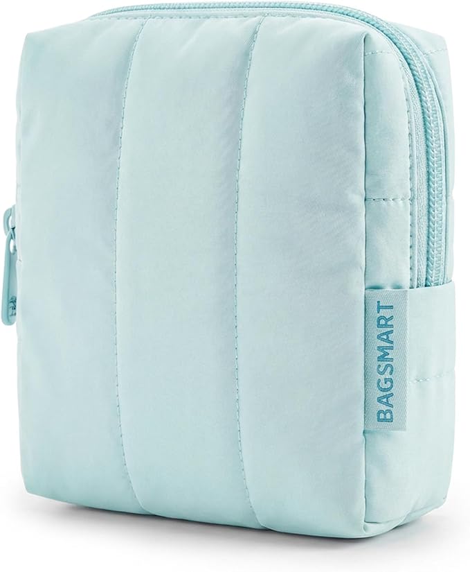 BAGSMART Small Travel Makeup Bag for Purse Toiletry Pouch, Puffy Padded Mini Cosmetics Bag, Cute Make Up Pouch for Women with Slip-in Pocket, Travel Essentials for Toiletries, Blue
