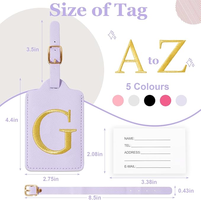 Personalized Initial Luggage Tags for Suitcases,Leather Letter Cute Luggage Tags with Privacy Name Card,Embroidered Monogrammed Travel Bag Backpack Tag Gifts for Women Kids Girls Teens(Purple-G)